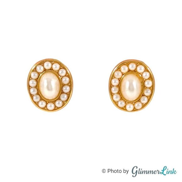Vintage Napier Oval Faux Pearl Cabochon Gold Tone Pierced Earrings - Picture 1 of 12